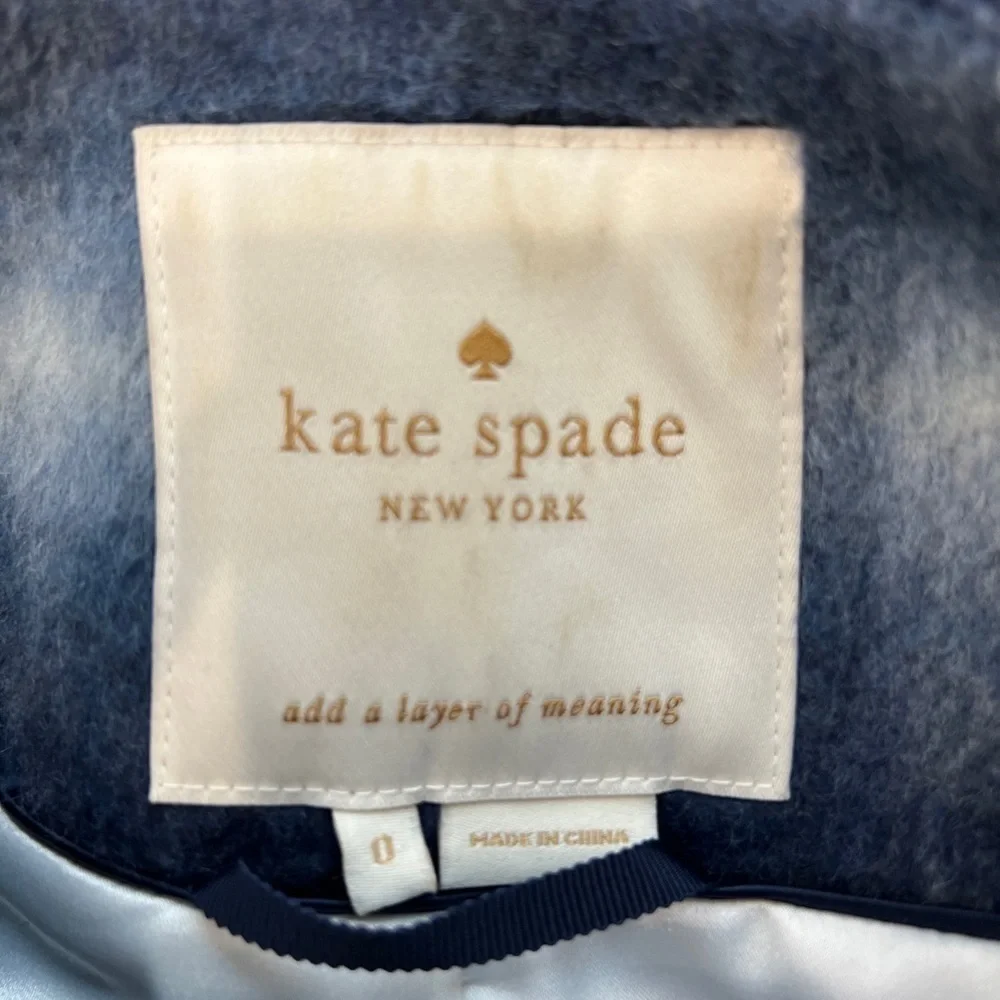Kate Spade‎ Dorothy Blue Check/Plaid Wool Blend Coat With Bow Accent